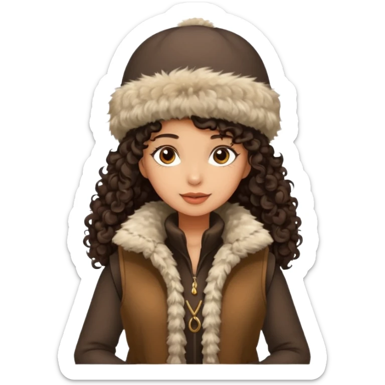 "A girl with curly dark hair 👩🏻‍🦱, wearing a fur hat 👒🦊 and a fur vest 🧥, standing in the snow ❄️ with pine trees 🌲 in the background, holding a Bashkir dombyra 🎶. Emoji style." sticker