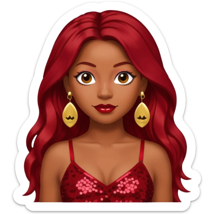 LaTavia Robeson with dark red long hair, red sequin crop top, red earring sticker