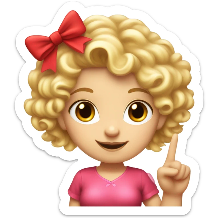 Realistic isolated Caucasian female cupid character with short curly blonde hair holding up peace fingers with red and pink outfit and red bow in her hair. sticker