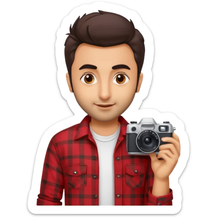 generate a pretty bratz emoji 
Make her look like Ranbir kapoor wearing a red flannel shirt,with white tee underneath. smirking and carrying a camera

he should look exactly  like ranbir kapoor!  sticker
