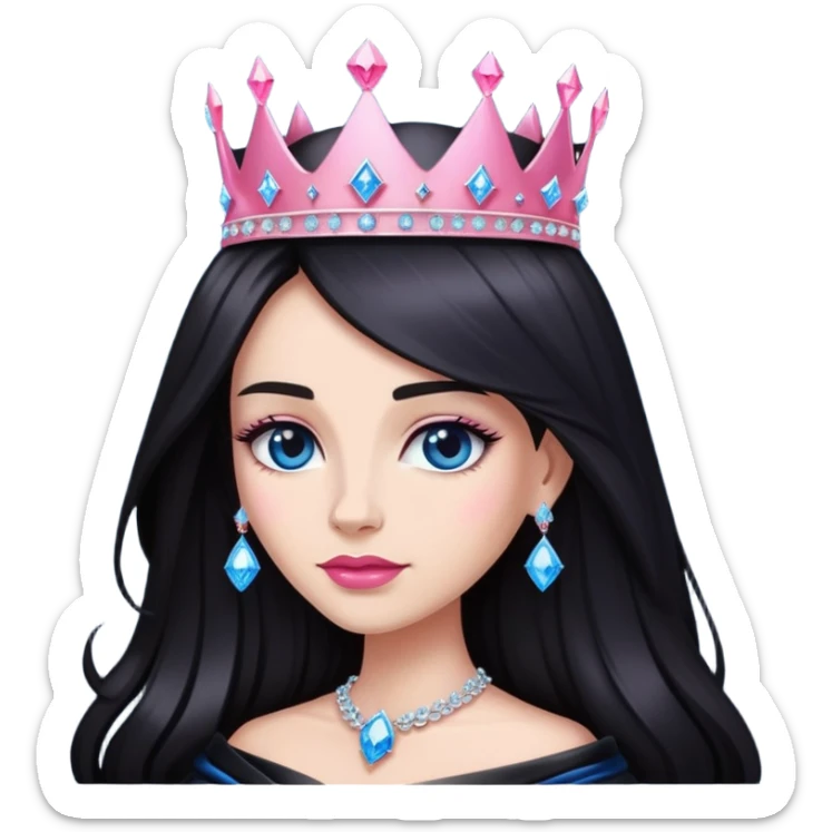 Queen, dark long hair, big crown with pink diamonds, black dress with blue diamonds sticker