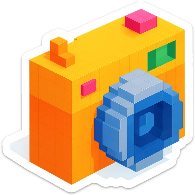 classic design camera in voxel style, isometric view sticker
