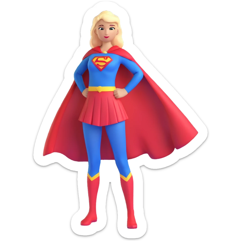 Supergirl superhero full body, blue tights costume with red skirt, red cape and S emblem sticker