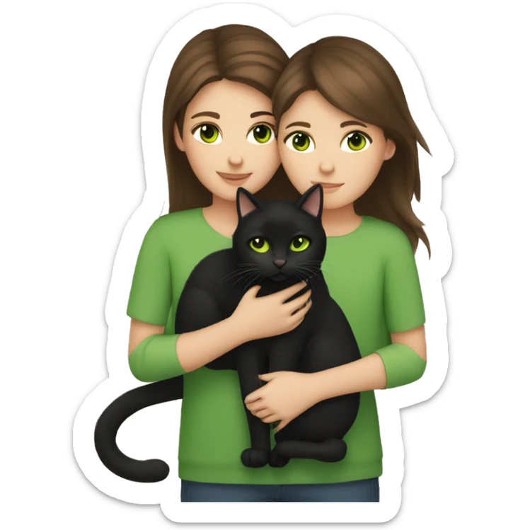 Brown hair and brown eyes girl cuddling green eyes black cat sticker