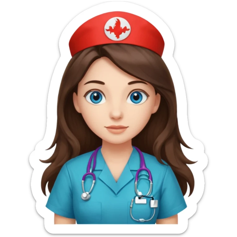 pretty brunette nurse with long hair and blue eyes in dinosaur scrubs sticker