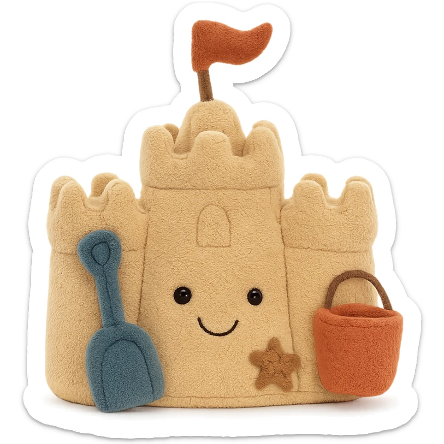 a soft toy jellycat in the form of a sand castle, featuring playful beach-themed accents sticker