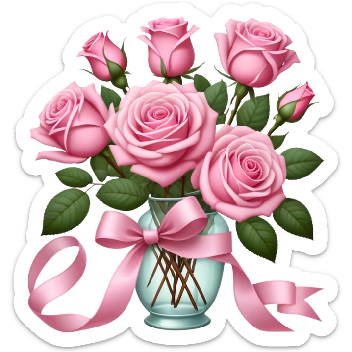 "An elegant still life featuring a collection of pink roses, ribbons, and vintage-style decorations, soft and airy." sticker