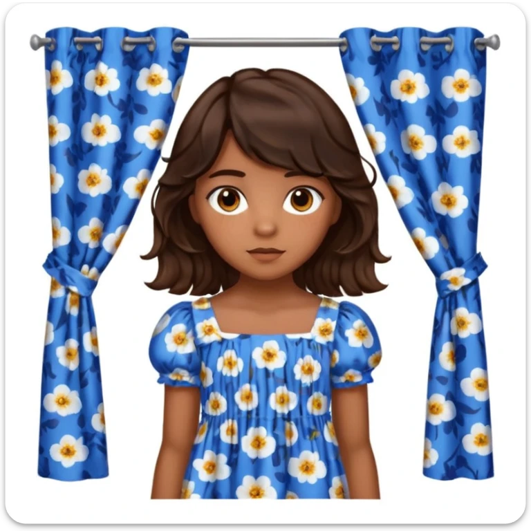 Teenage girl with golden brown skin, chocolate brown eyes, dark wavy hair with curtain bangs, and blue floral dress sticker