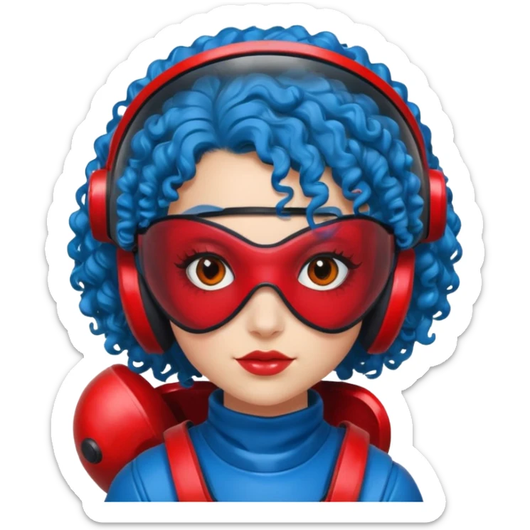 blue curly haired girl with huge earrings wearing red paintball helmet with eye protection, only face  sticker