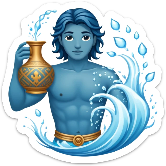 The zodiac symbol Aquarius. A mystical and beautiful water bearer, holding and pouring water into the sea from a large, intricate, and arcane vase sticker
