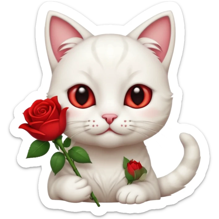 Cute emoji-style white cat holding a red rose in its mouth, big round eyes with visible white sclera, smaller pupils, soft warm brown irises, fluffy fur, clean mascot style, gentle cute expression, centered, transparent background, 1:1 ratio. sticker