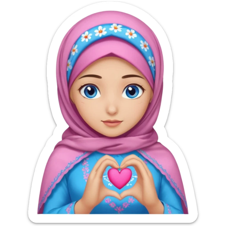 Turkish beautiful finish Konya girl blue eyes with mini floral hijab and lila blue pink dress and she make heart with hands sticker
