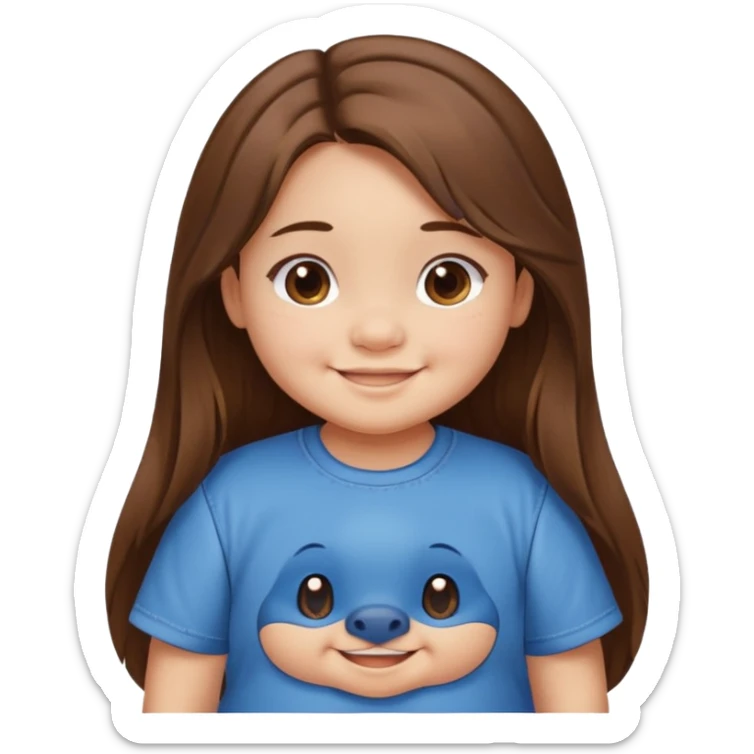 Une petite fille qui a des grosse joux qui est brune qui a les cheveux long et qui a un tee shirt stitch sticker