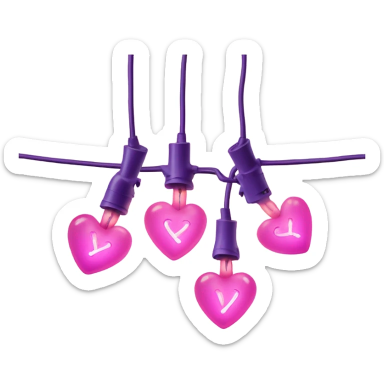 Realistic string lights with pink and purple bulbs in the shape of a heart and a power plug in on the end of the lights. sticker
