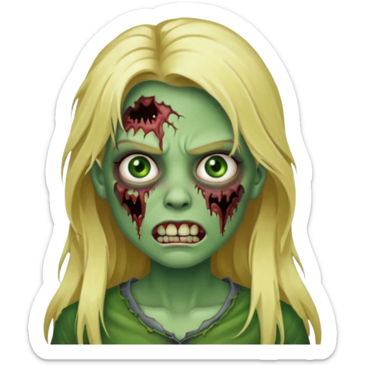 girl zombie with blonde long hair with teeth green skin and serious face sticker
