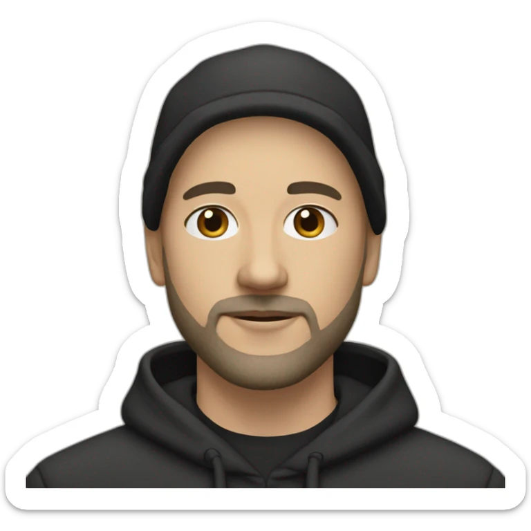 bald (white) man with black (short) beard and no glasses in a black hoodie wearing a light beige cap sticker