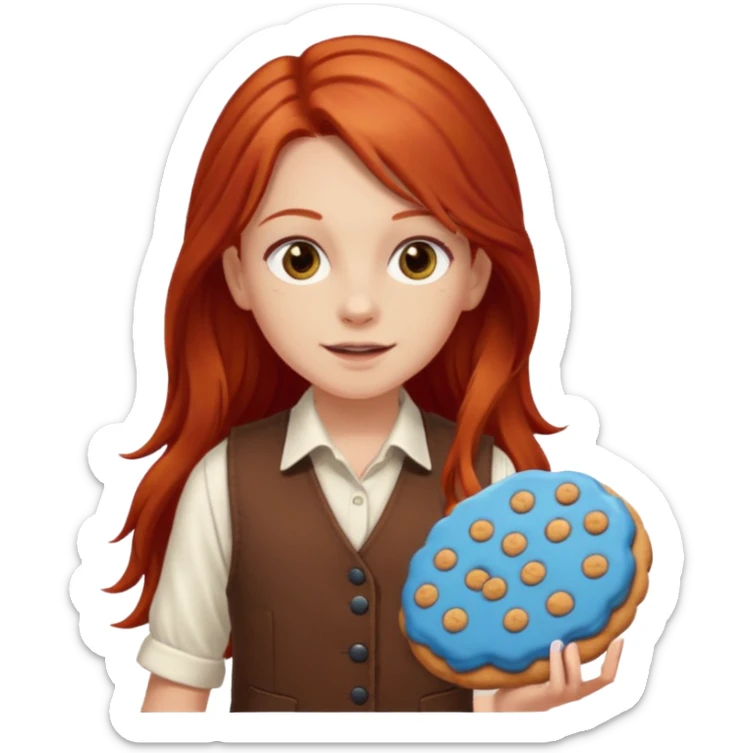 white girl scout with red long hair selling cookies with a brown vest and white shirt under vest. She should be around 10 years old sticker