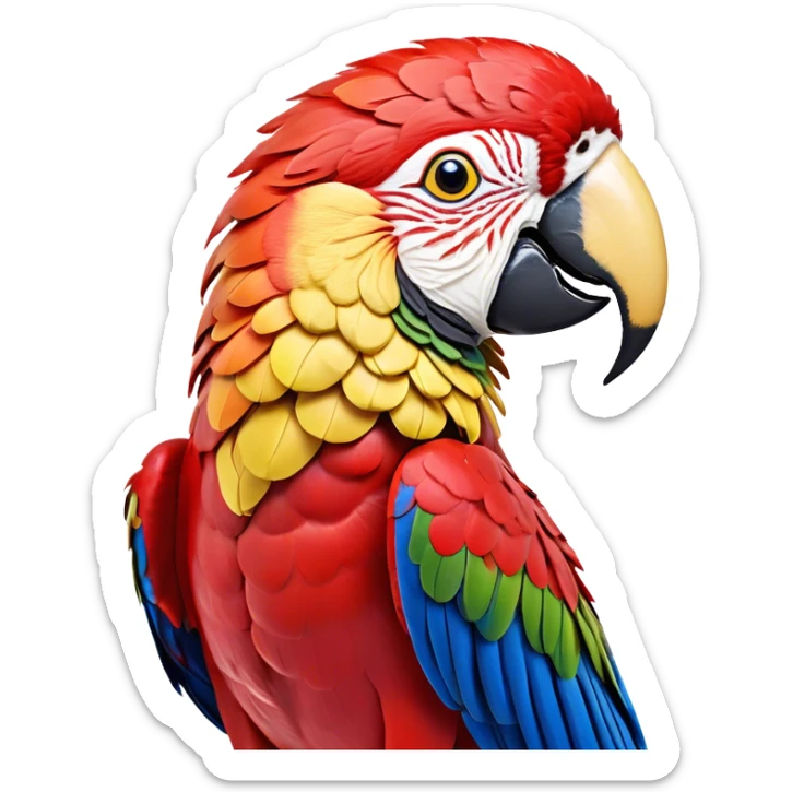 Cinematic Realistic Noble Macaw Portrait Emoji, Poised and majestic, with a robust, vibrant build and meticulously detailed plumage in scarlet, deep blue, and touches of gold, a strong, curved beak and piercing, intelligent eyes, rendered with lifelike feather texture and natural lighting, high shine, commanding and regal, styled with an air of tropical authority, focused and attentive, soft glowing outline, capturing the essence of a watchful and confident macaw that appears ready to soar out of the screen with effortless splendor! sticker