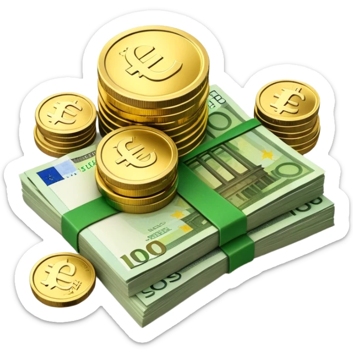 side view of a pile of euro coins and euro bank notes sticker