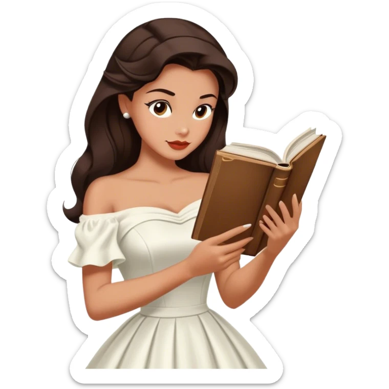 Beautiful woman in 1950’s woman fashion look, off-shoulder white dress, long dark brown hair, reading  sticker