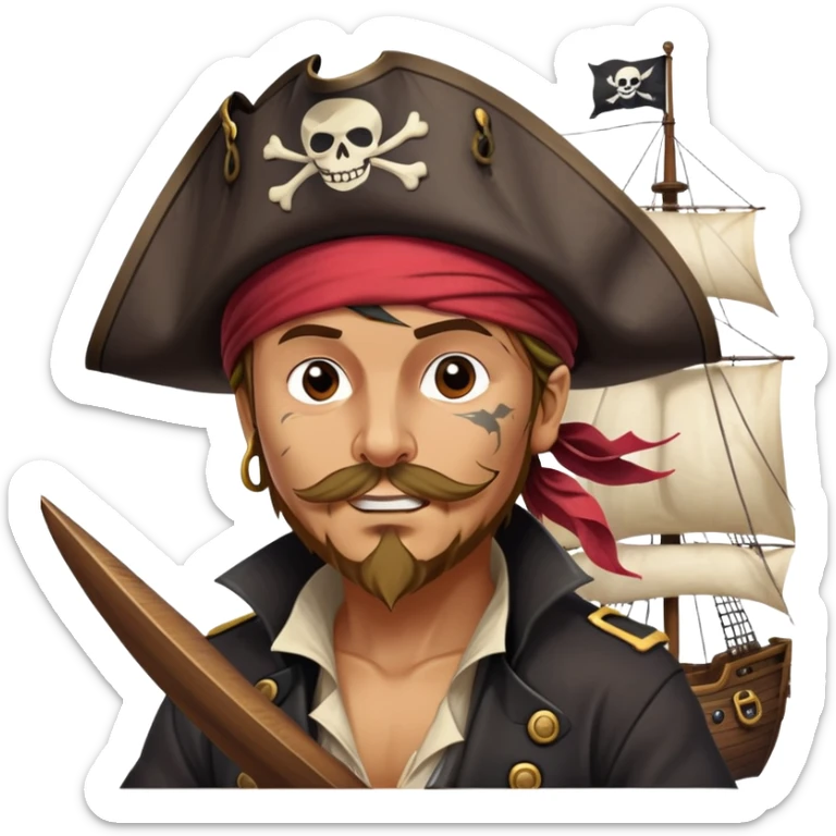 clash-of-clans-aesthetic_-cinematic-focused-pirate-bust-portrait-emoji, head slightly tilted with a determined, roguish expression and bold features, featuring a compact, spirited build with a jaunty hat and quirky bandana on tan skin, at the helm of a grand sailing ship complete with billowing sails and a tattered Jolly Roger flag fluttering dynamically in a tempestuous sea breeze. sticker
