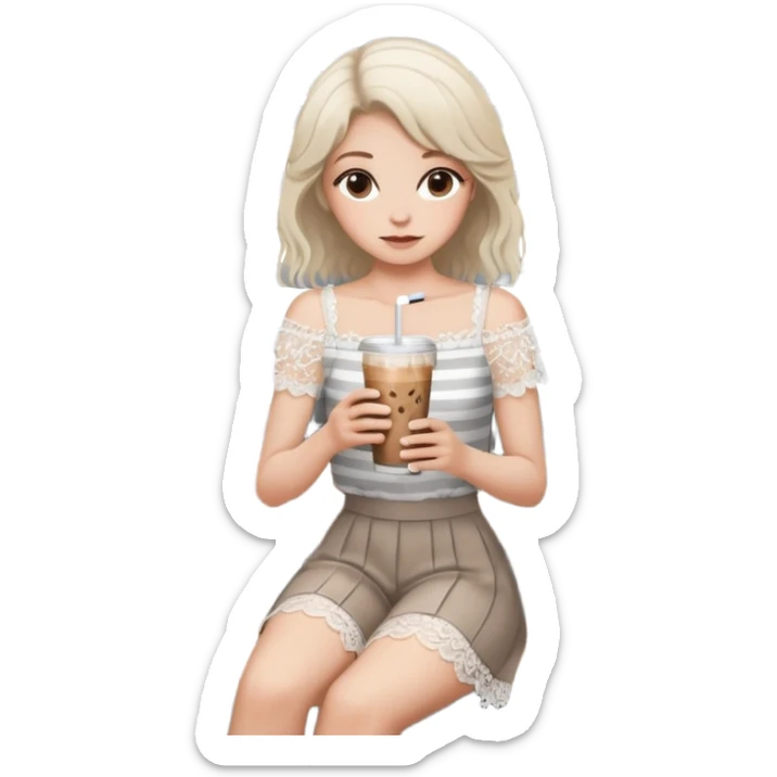 Minimalist girl holding an iced coffee in a chic cafe setting, white lace top, soft natural hair, modern gray striped wall, wooden bench, aesthetic and cozy mood ☕🌿🤍” sticker