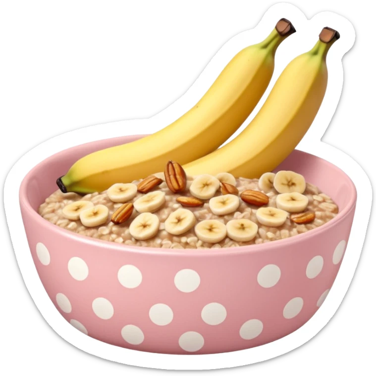 baked oats in a bowl like oat meal with a couple banana slices on top that look a little bit caramelised and a light pink bowl with white polka dots sticker