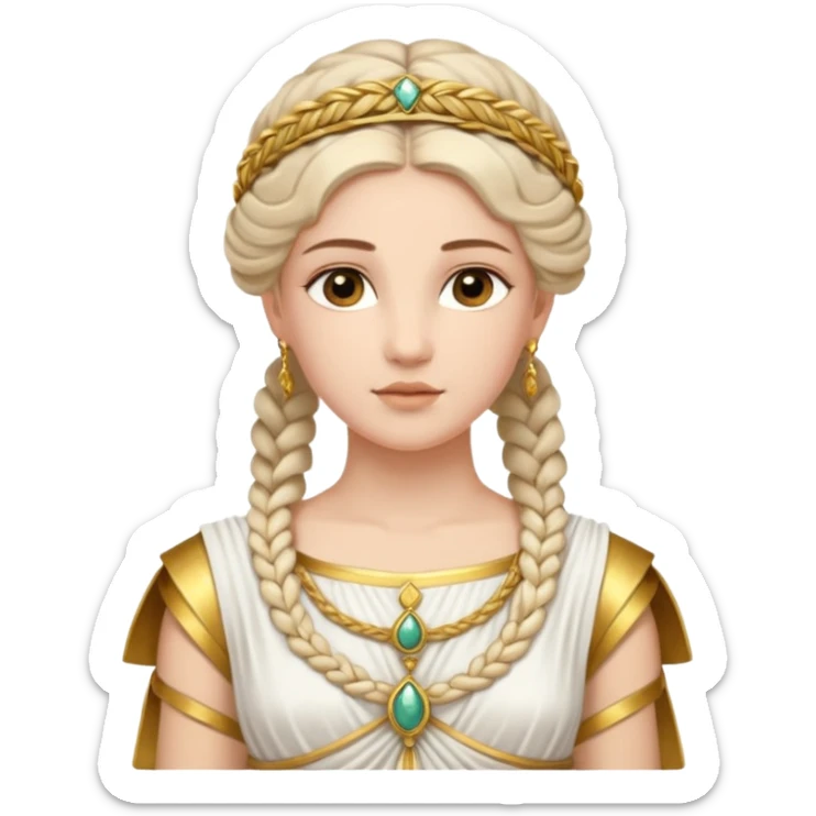 An emoji portrait of an ancient Roman princess. She wears a white stola dress with a gold-trimmed palla draped over her shoulders. She has an intricate braided hairstyle adorned with a delicate gold diadem. Her expression is calm and dignified. sticker