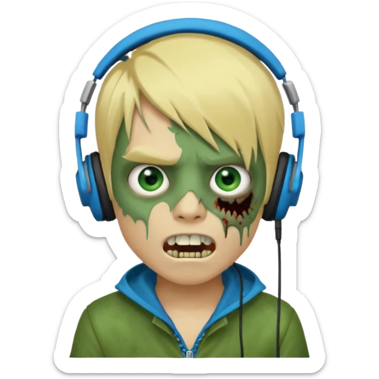 boy zombie whit blonde emo hair and eyes blue and GREEN SKIN and heandphones AND A MICROFONE AND GOLD TEETH and agesive face sticker