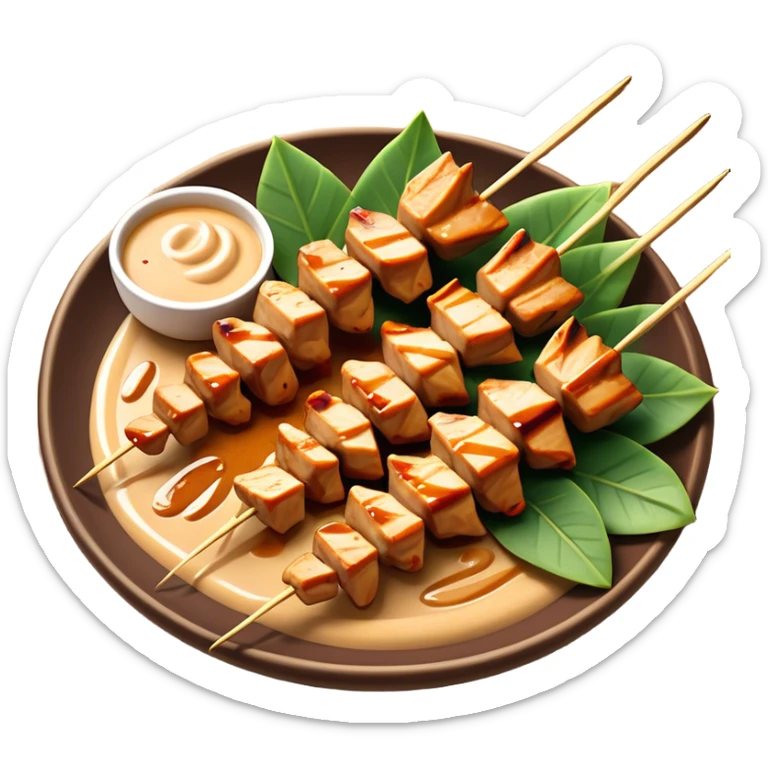 Cinematic Realistic Indonesian Chicken Satay Dish Emoji, depicted as succulent, marinated chicken skewers grilled to perfection with a subtle char, drizzled generously with a rich, creamy peanut sauce that glistens under warm, natural lighting. The vibrant textures of the tender meat and smooth, spicy sauce evoke the authentic flavors of Indonesian street food, rendered with lifelike detail and dynamic, appetizing lighting. sticker