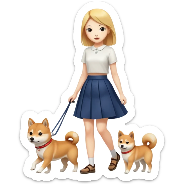 A beautiful girl with fair skin walks a Shiba Inu in a skirt sticker