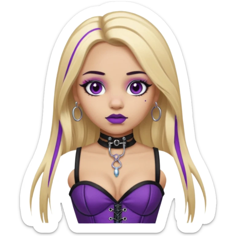 Ai light skin girl , who has straight long length blonde hair with heavy purple streaks , hazel eyes , and doll like makeup , with a septum piercing, nostril piercing, in a black corset emoji sticker
