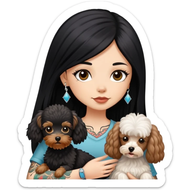 girl with long black  straight hair and tattoos and white Yorkshire and brown poodle sticker