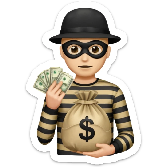 robber wearing a black mask and striped shirt holding a money bag, classic emoji style sticker