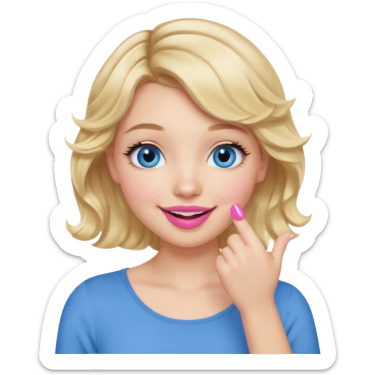 Girl Blonde short wavy hair,  blue eyes, cute blue top, long lashes, pink lips, smiling, hand covering the mouth sticker