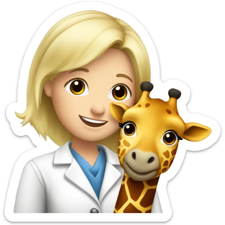 blonde hair smiling veterinarian girl having cuddles with giraffe sticker