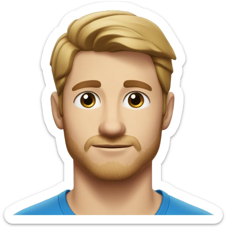 A head and shoulders shot of a 32 year old white man, with short brown hair,   with blue eyes wearing a t-shirt. sticker