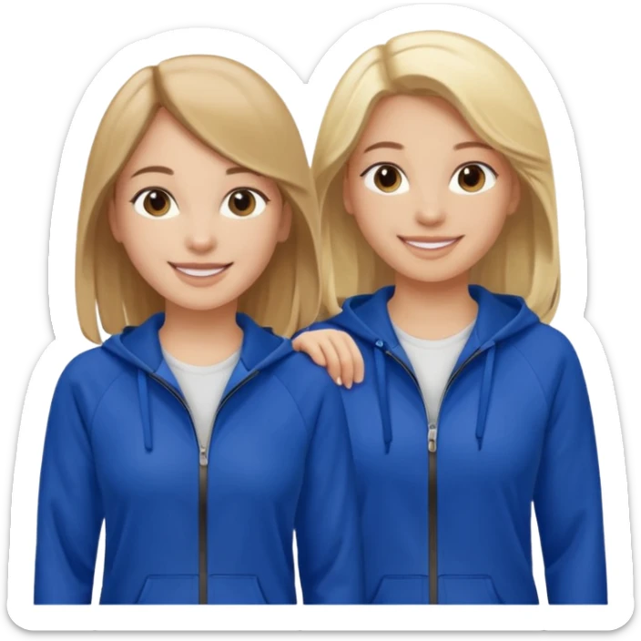 two girls smiling one has blond hair and one is has brown hair they are wearing royal blue track suits sticker