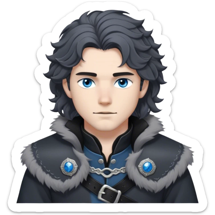 Medieval winter outfit worn by a DnD themed fantasy male character. Heavy charcoal gray wool tunic with black wolf fur lining, embellished with etched silver buttons and a sturdy leather belt with decorative metalwork. Clothes only above the waist, full waist coverage. The character has no arms. Character is white-skinned with jet black hair, steel blue eyes, and shoulder-length wavy hair with snow-kissed strands. sticker