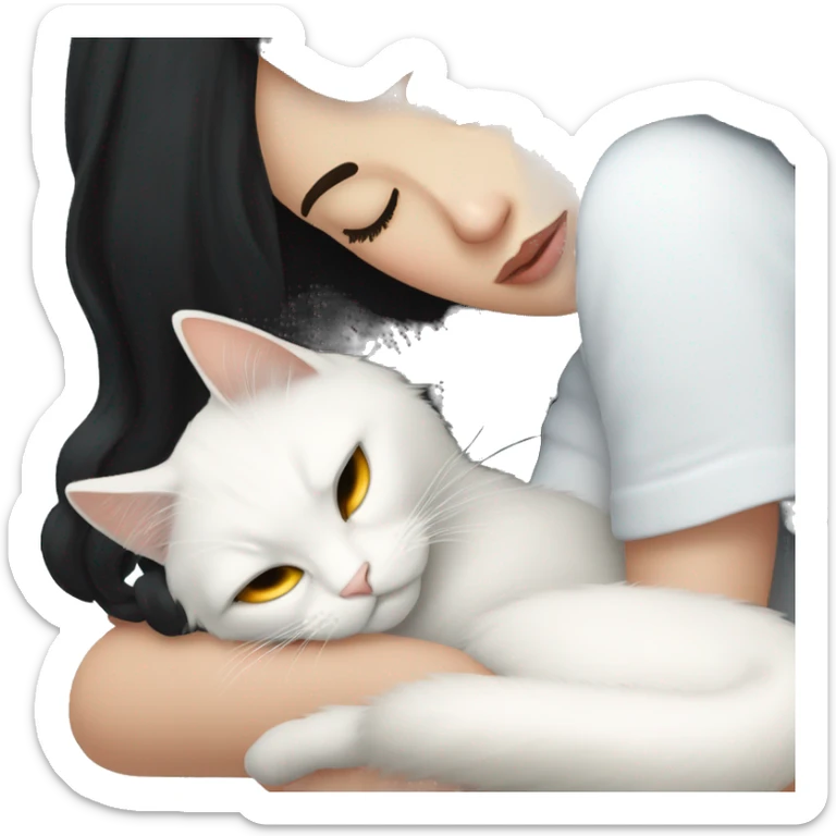 A pretty white girl with very long black hair and sleeping curled up to a white cat  sticker
