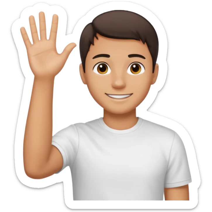 joven bronceado medio pelon oscuro muy cortito polera blanca sonrisa bonita saludando mano arriba sticker
