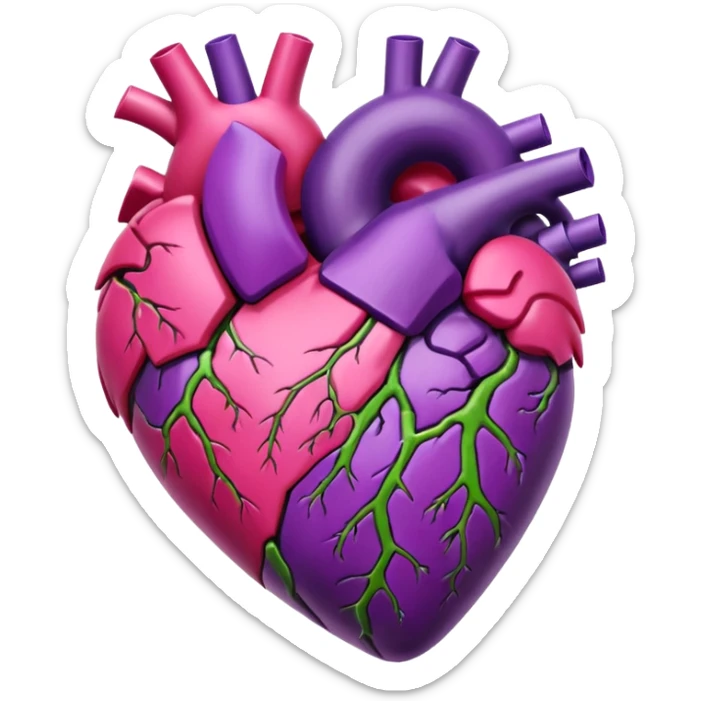 Pulsating heart with purple, hot pink, amber, light green, and dark purple sticker