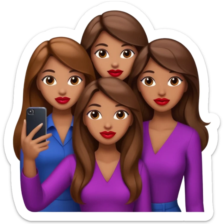 Glam girls in a group of 3 friends , taking a selfie with long brown hair, light brown  sticker