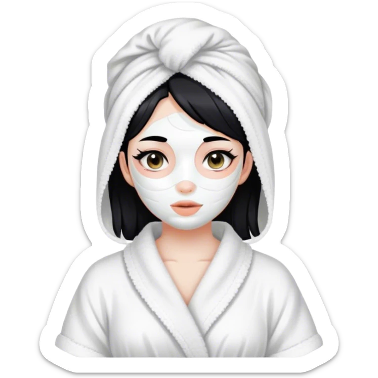 Girl white black hair and a bath gown with a clay mask , aesthetic , white sticker