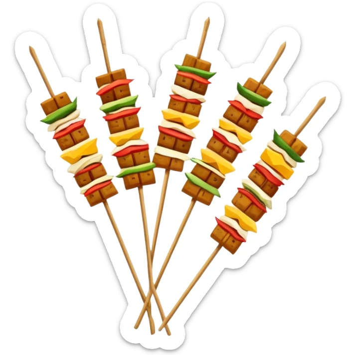 Sichuan Skewers Chuan Chuan Xiang with various foods on bamboo sticks, simplified emoji style with bold outlines and bright colors, cartoon style spicy street food sticker