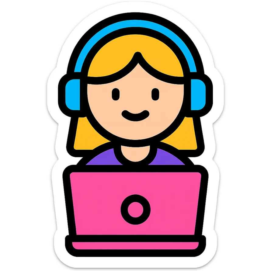 a girl with a pink laptop with headphones, color outline icon style sticker