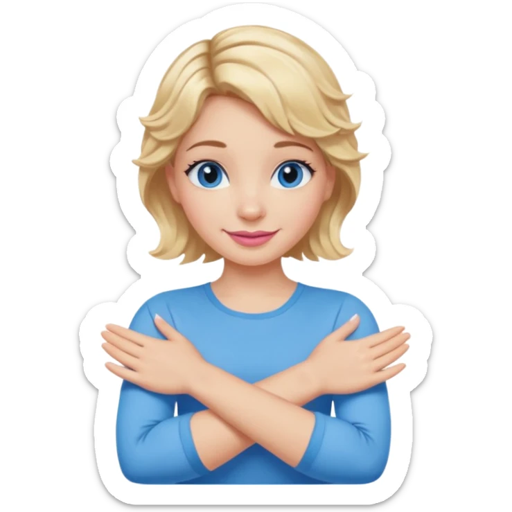 Girl Blonde short wavy hair,  blue eyes, cute blue top, long lashes, pink lips, smiling, making cross arms with arms  sticker