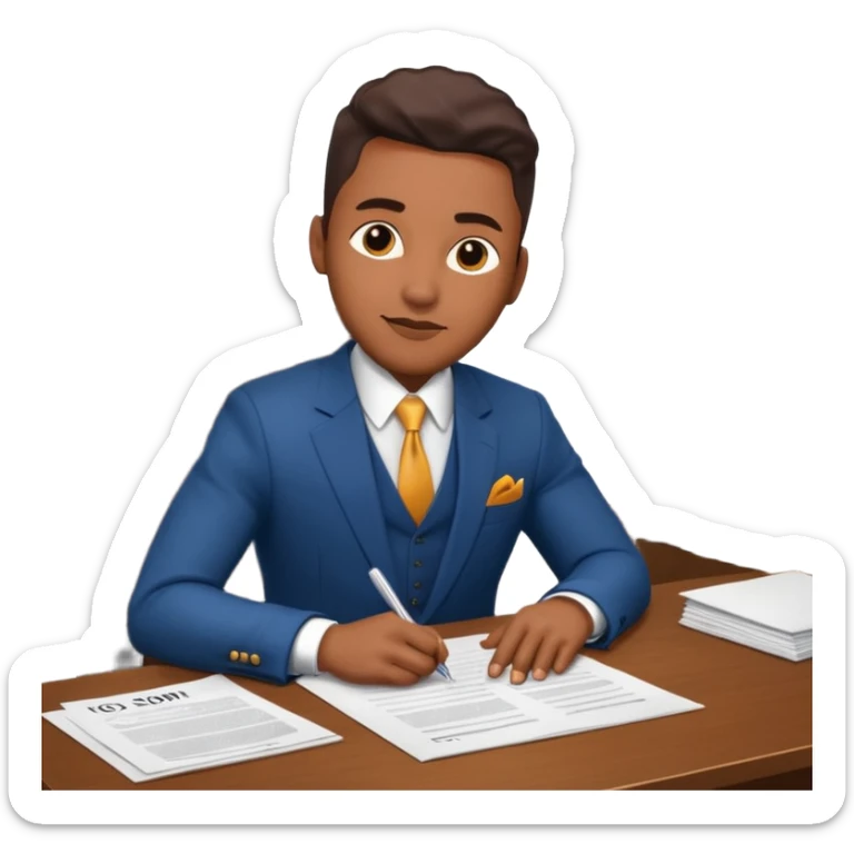 Hip hop music record company executive in office sitting at desk with contract on top of desk sticker