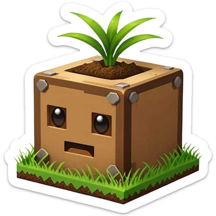 cube of dirt with grass on top, inspired by Minecraft, simple and iconic, emoji style sticker