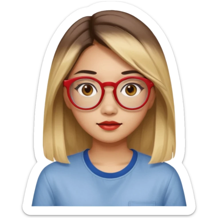 20 yr old asian woman, straight thick long brown hair, blond at ends of hair, center part to hair, big red glasses, brown eyes, casual shirt sticker